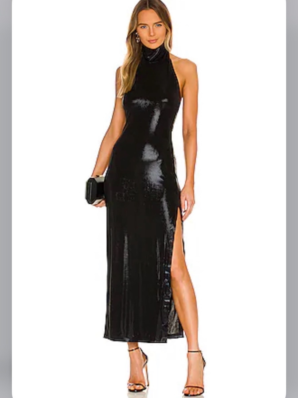 Norma Kamali Black High-Neck Halter Maxi Dress with Side Slit